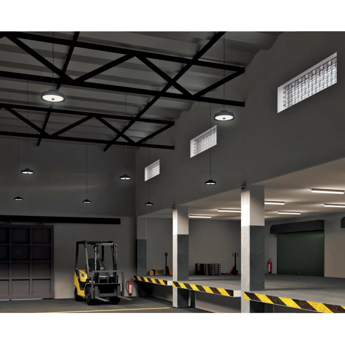 Warehouse interior with a forklift and safety barriers