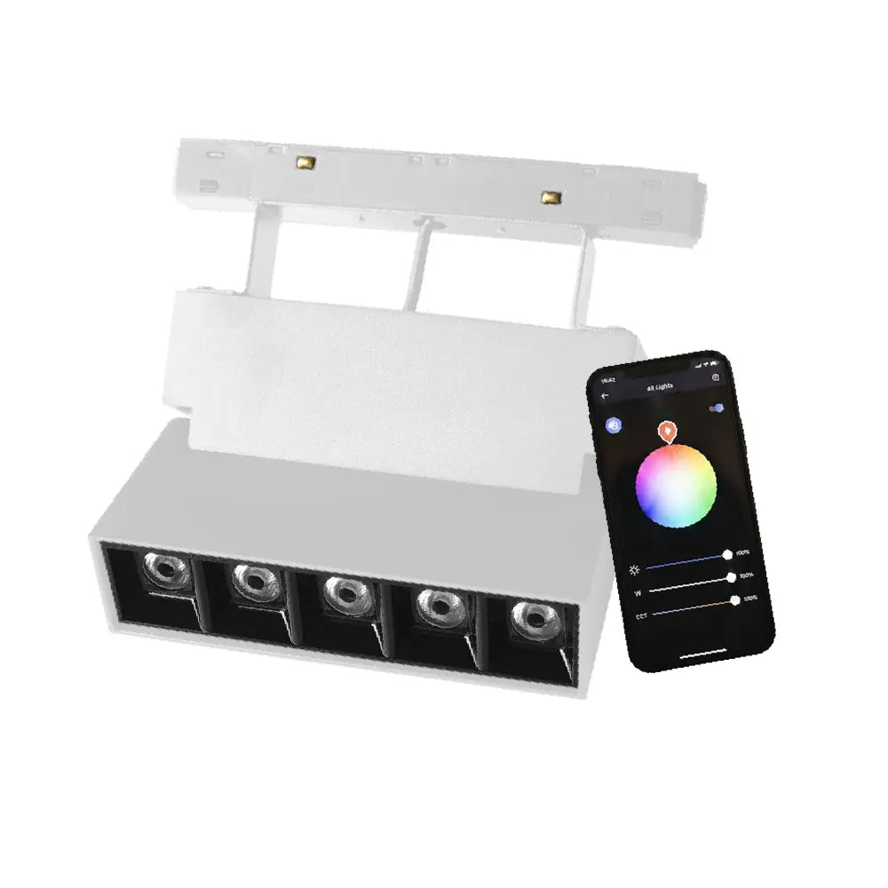 Lighting fixture with smartphone displaying color selection app on a white background