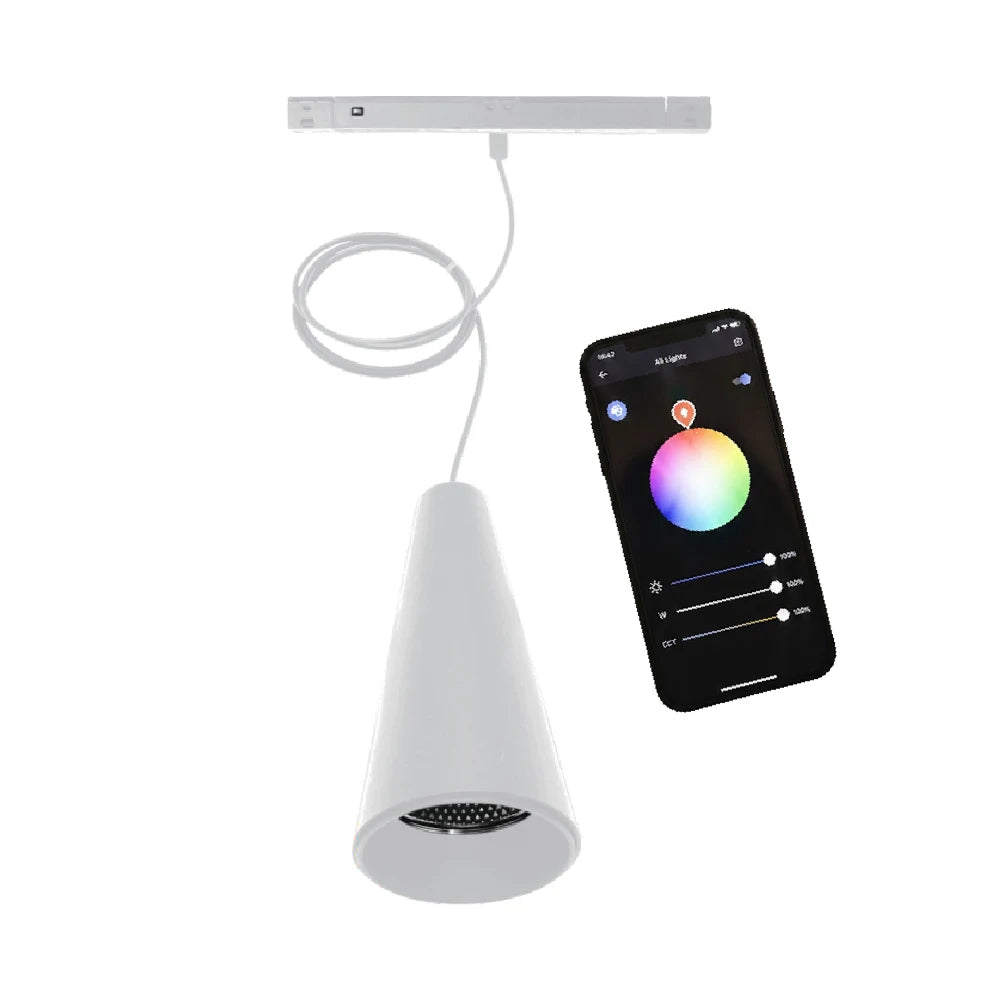 Smart light fixture with smartphone app control on a white background