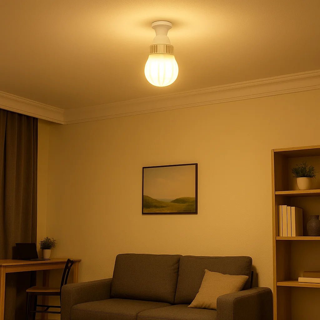 Living room with a couch, bookshelf, and framed picture on a wall.