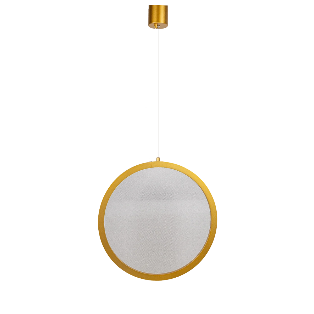 Round mirror with gold frame and pendant on a white background