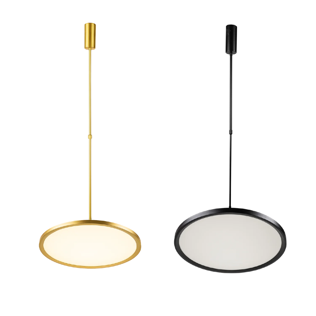 Two pendant lights, one gold and one black, on a white background.