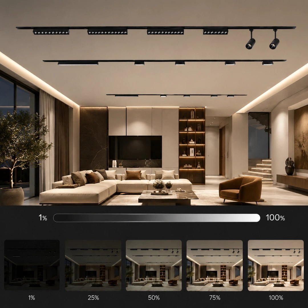 Modern living room with stylish furniture and ceiling lights, showing a zoom slider at the bottom.