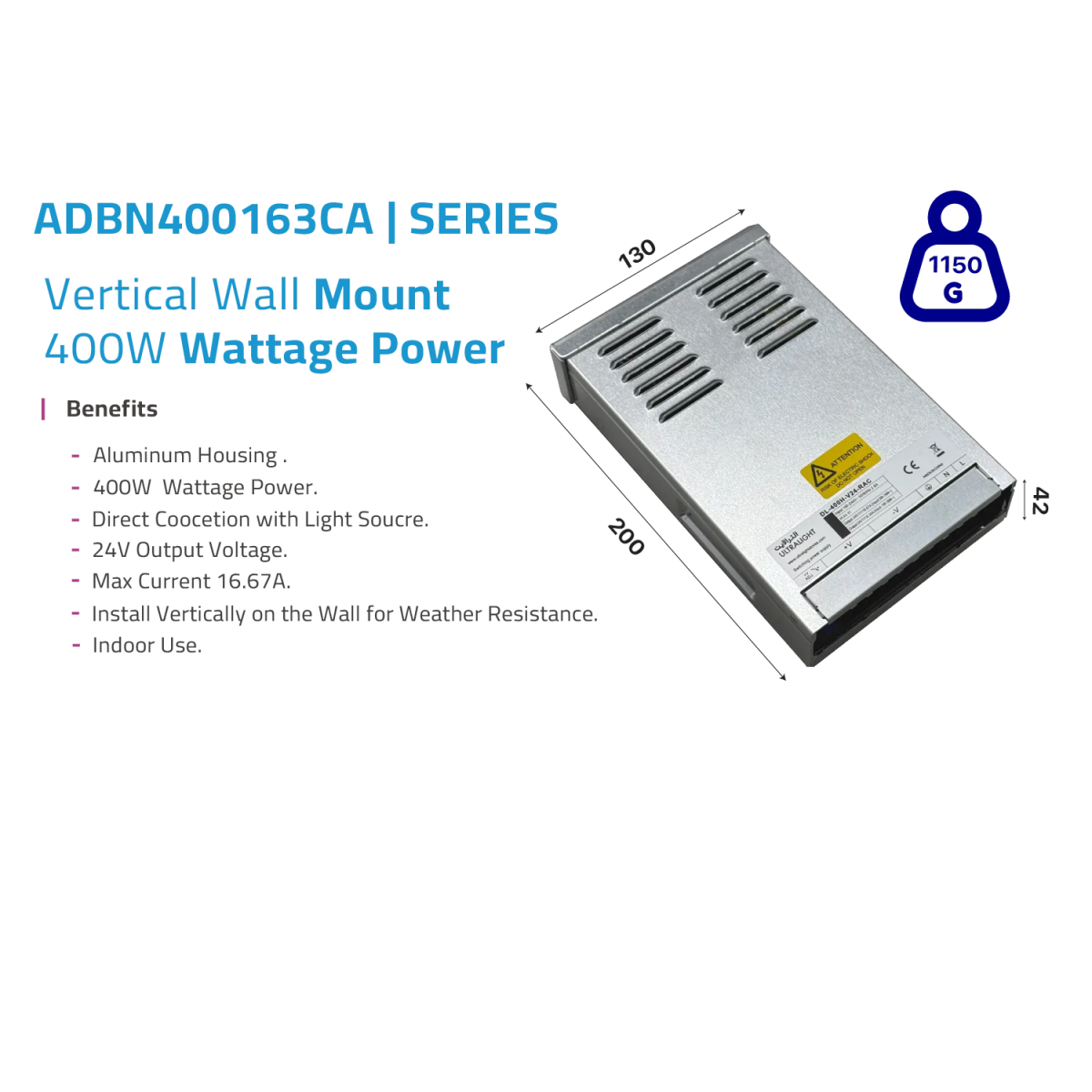 Power Supply 400W 24V for High-Powered LED Systems (ADBN400163CA) - Ultralight