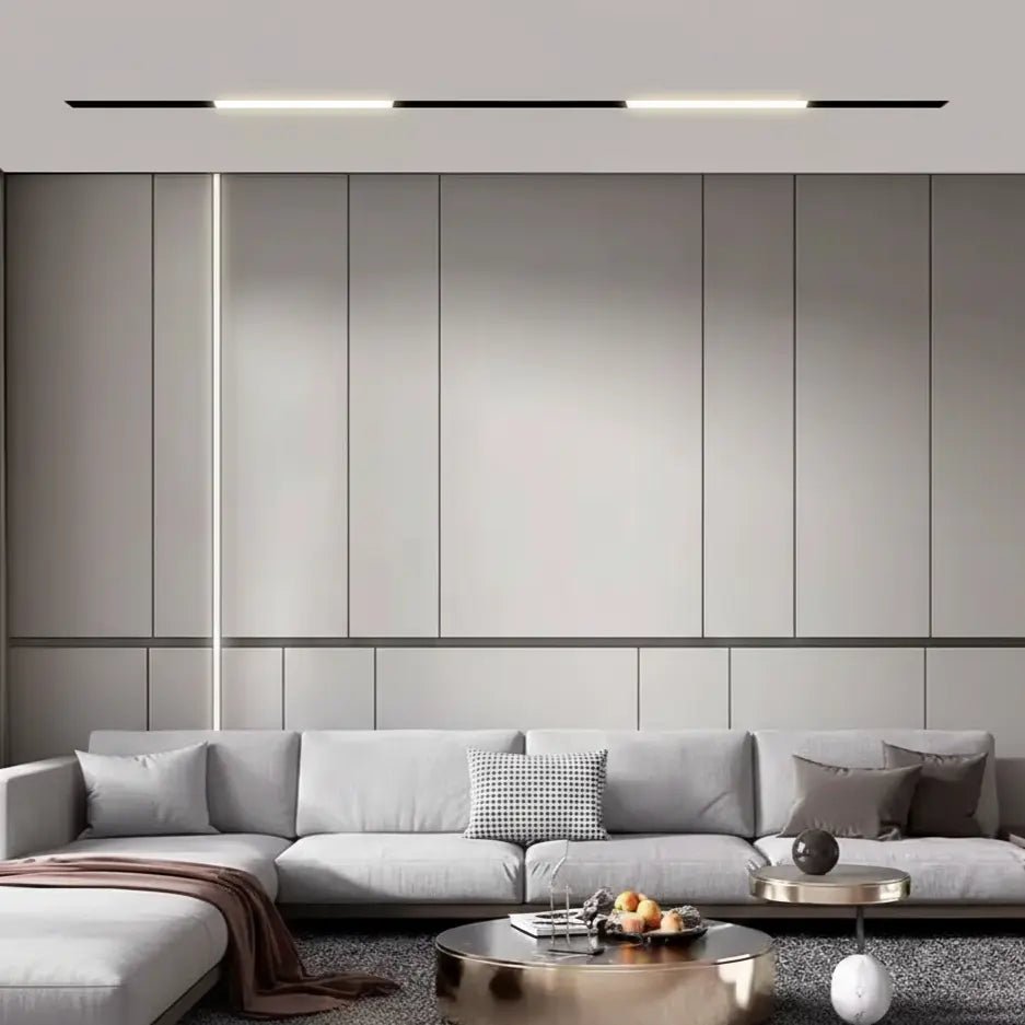 Modern living room with a gray sectional sofa and decorative items.