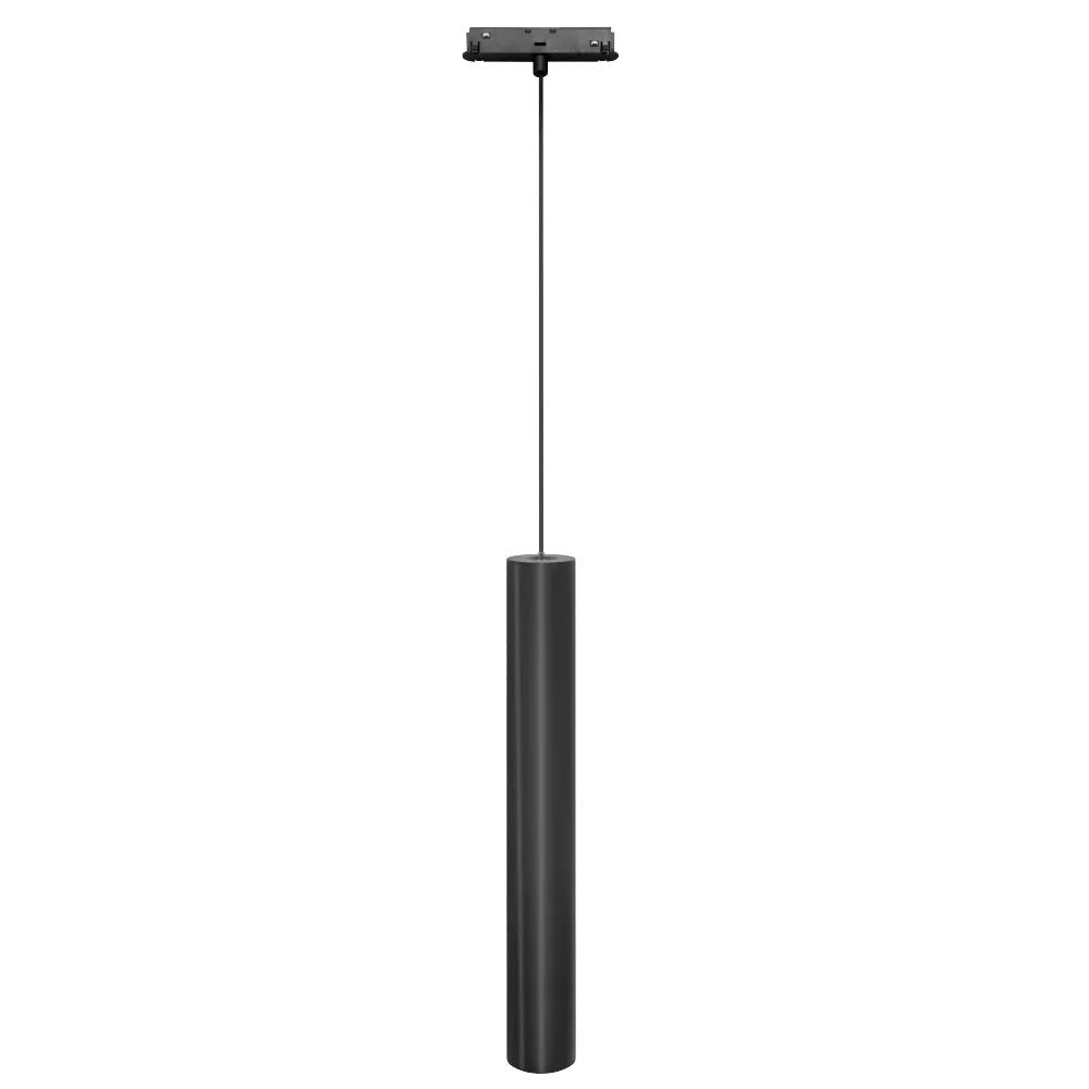 Black cylindrical hanging light fixture on a white background