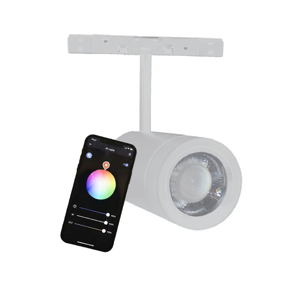 Smart light fixture with a smartphone displaying a color wheel app on a white background