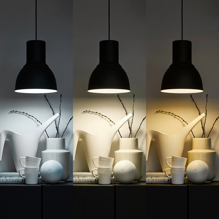 Black pendant light fixture shown in three different lighting conditions with a decorative setup.