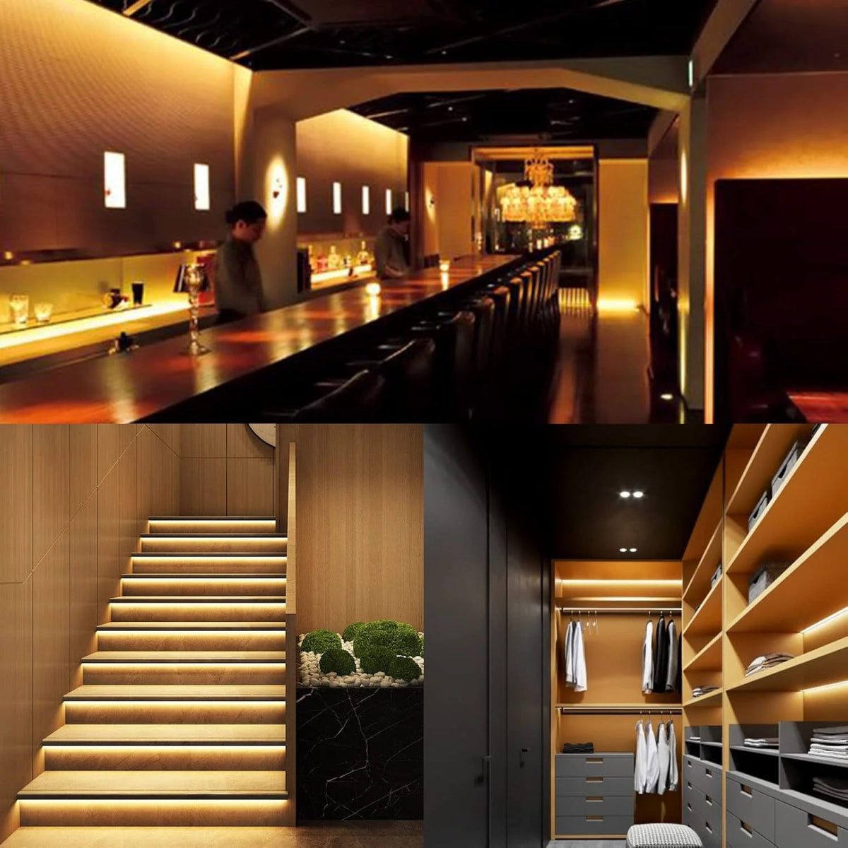 Collage of a modern interior design with a bar, staircase, and wardrobe.