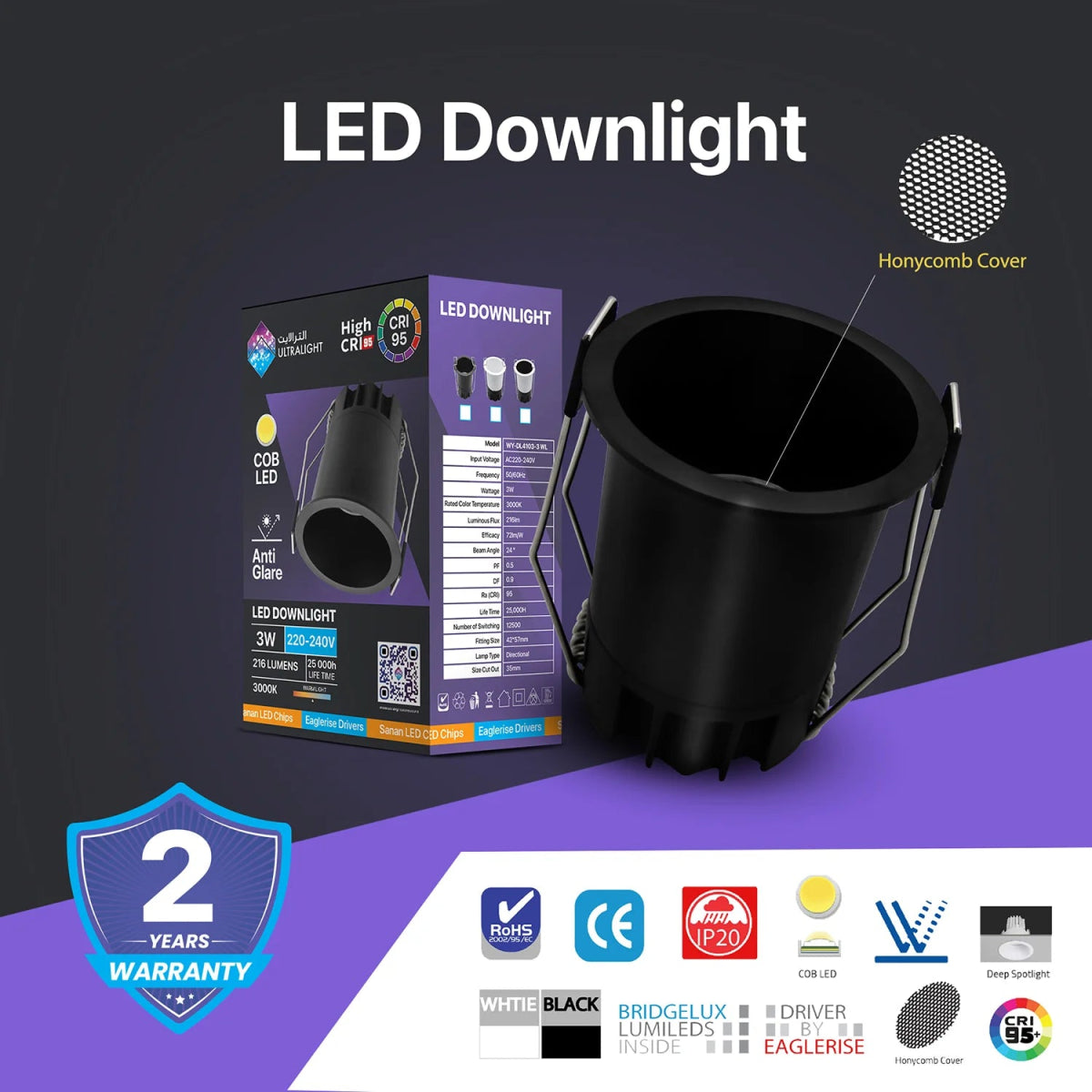 Black LED downlight with packaging and certification logos on a dark background