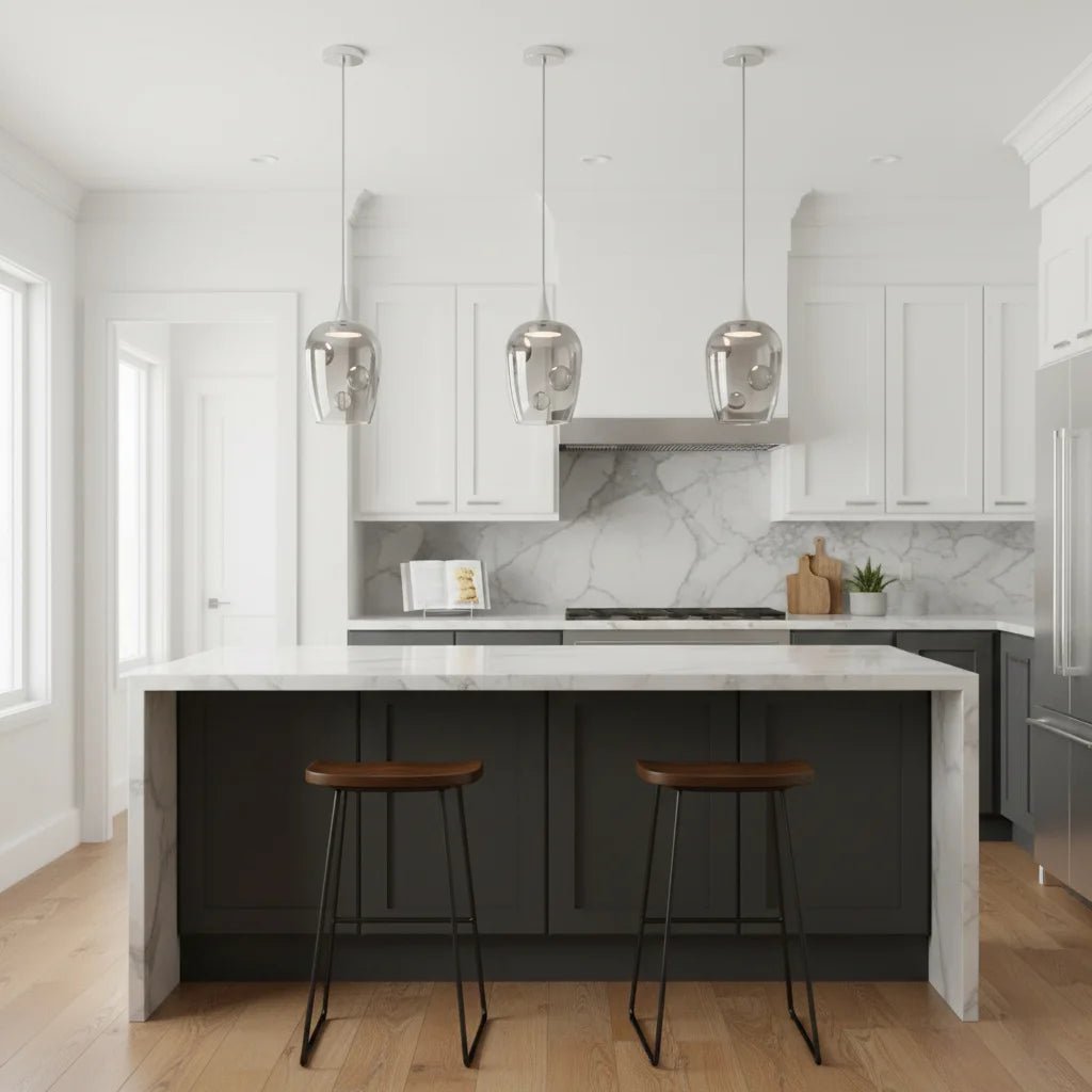 Modern kitchen with marble island, pendant lights, and wooden stools.