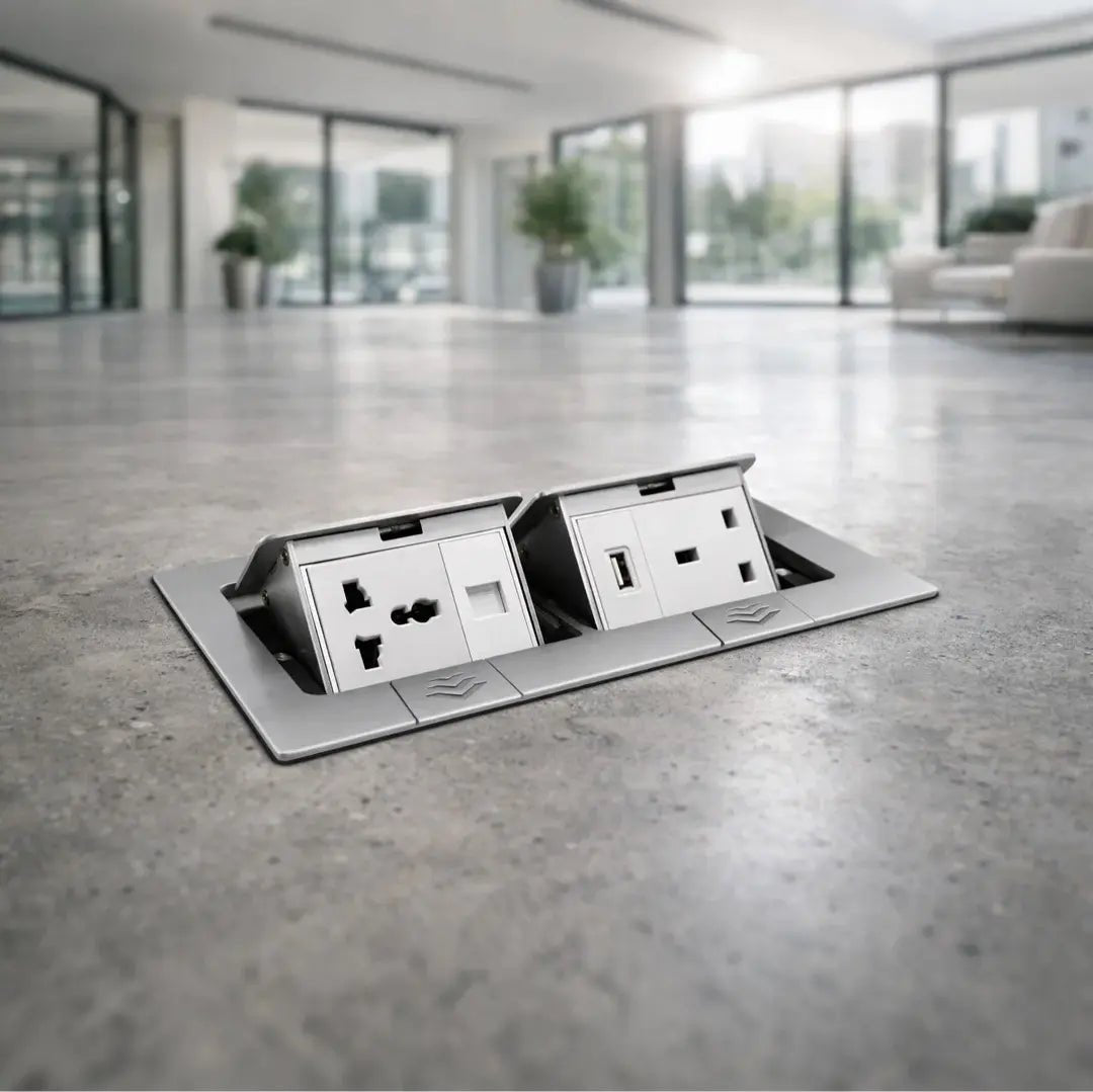 Floor socket with multiple outlets in a modern indoor setting