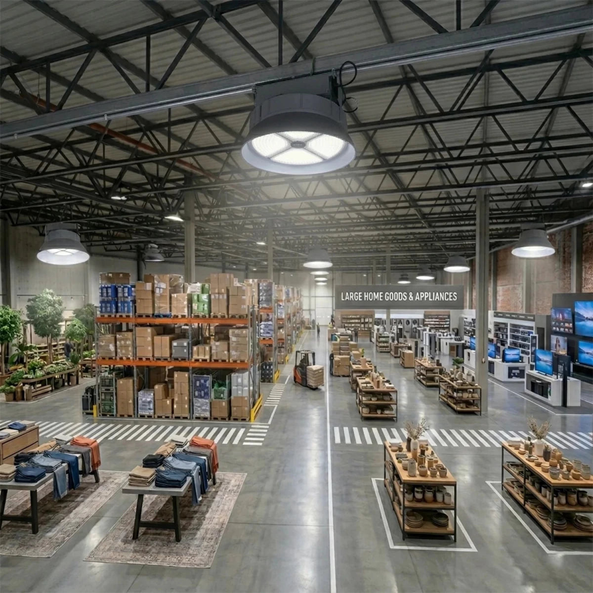 Interior of a large warehouse with shelves and products, featuring a sign for 'Large Home Goods & Appliances'.