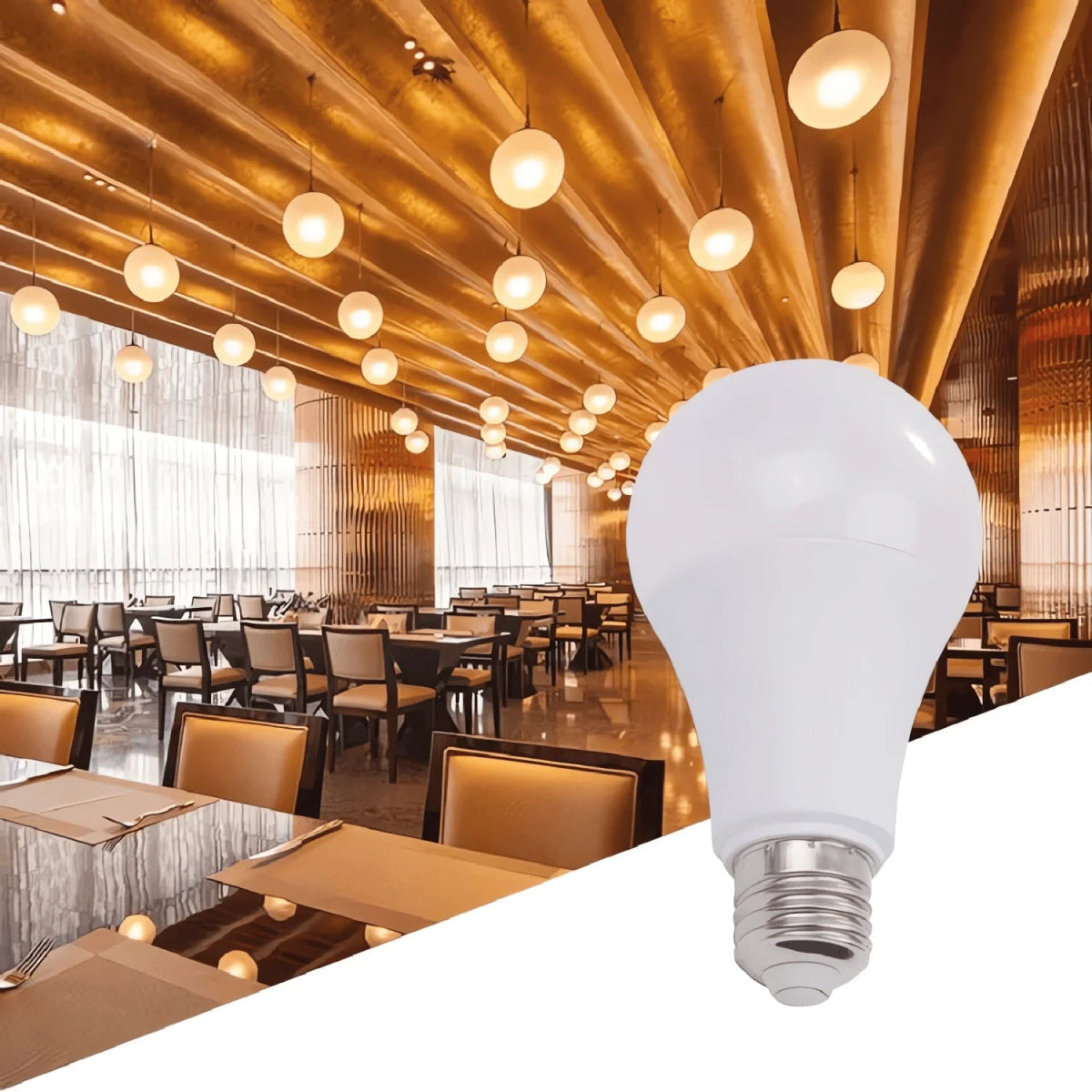 LED light bulb with a restaurant interior in the background