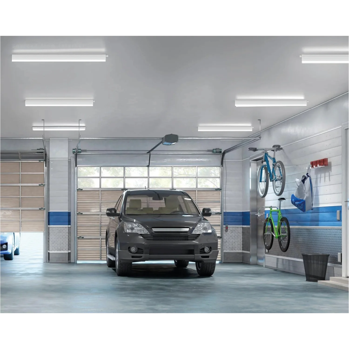 Modern garage with a car and bicycles