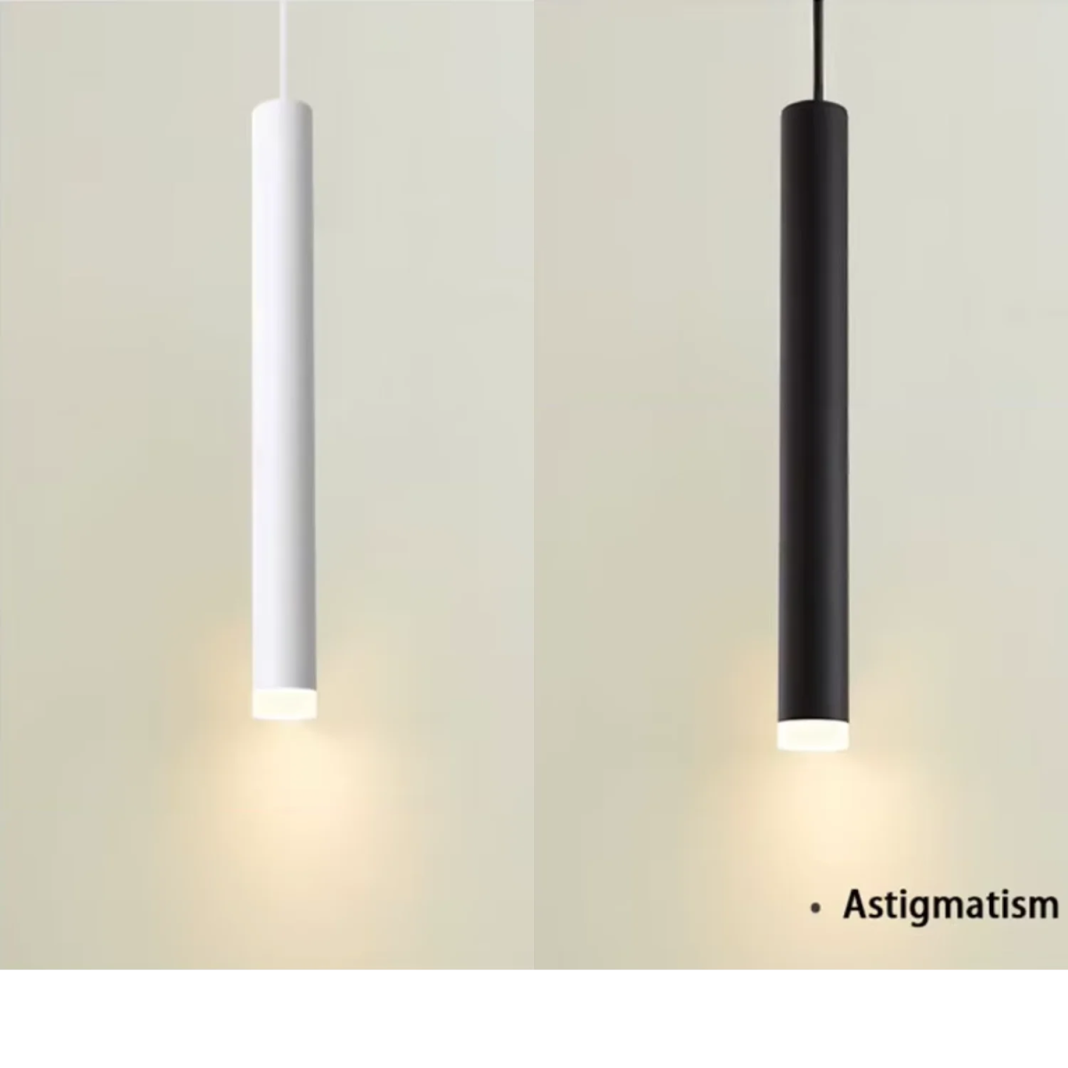 Two pendant lights, one white and one black, on a plain background with 'Astigmatism' text.