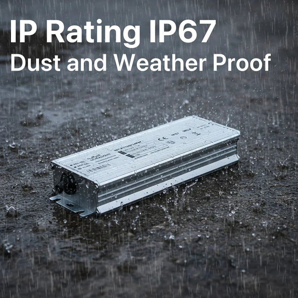 Electrical component being tested for dust and weatherproofing with text 'IP Rating IP67 Dust and Weather Proof'.