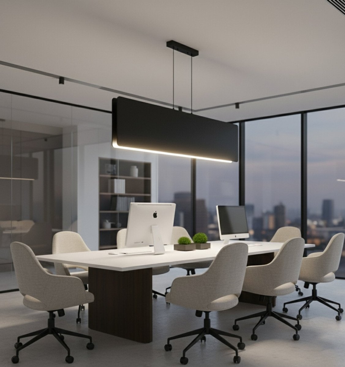 Modern office conference room with white chairs and desks, large windows, and cityscape view.