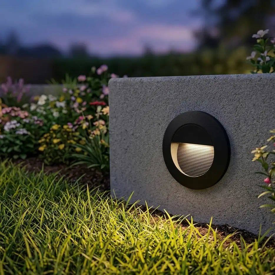 Garden light embedded in concrete with flowers and grass in the background