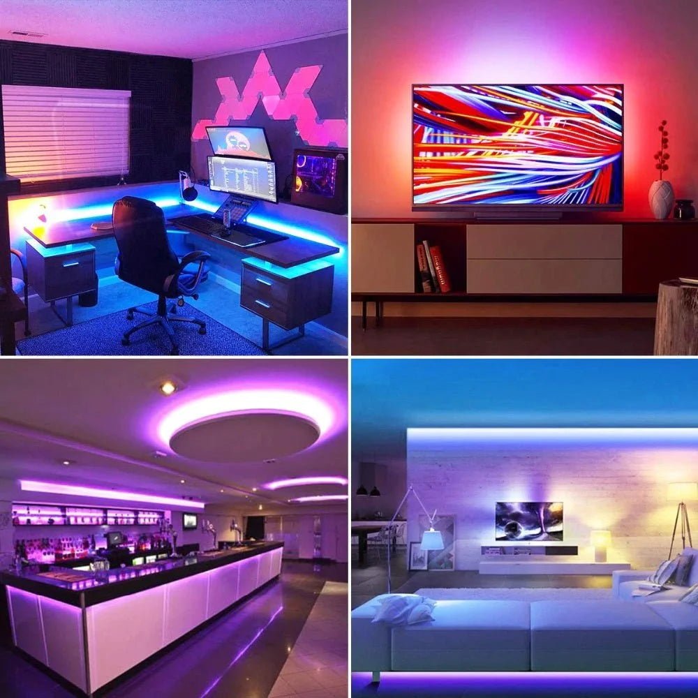 Collage of rooms with RGB LED strip lights in various settings.