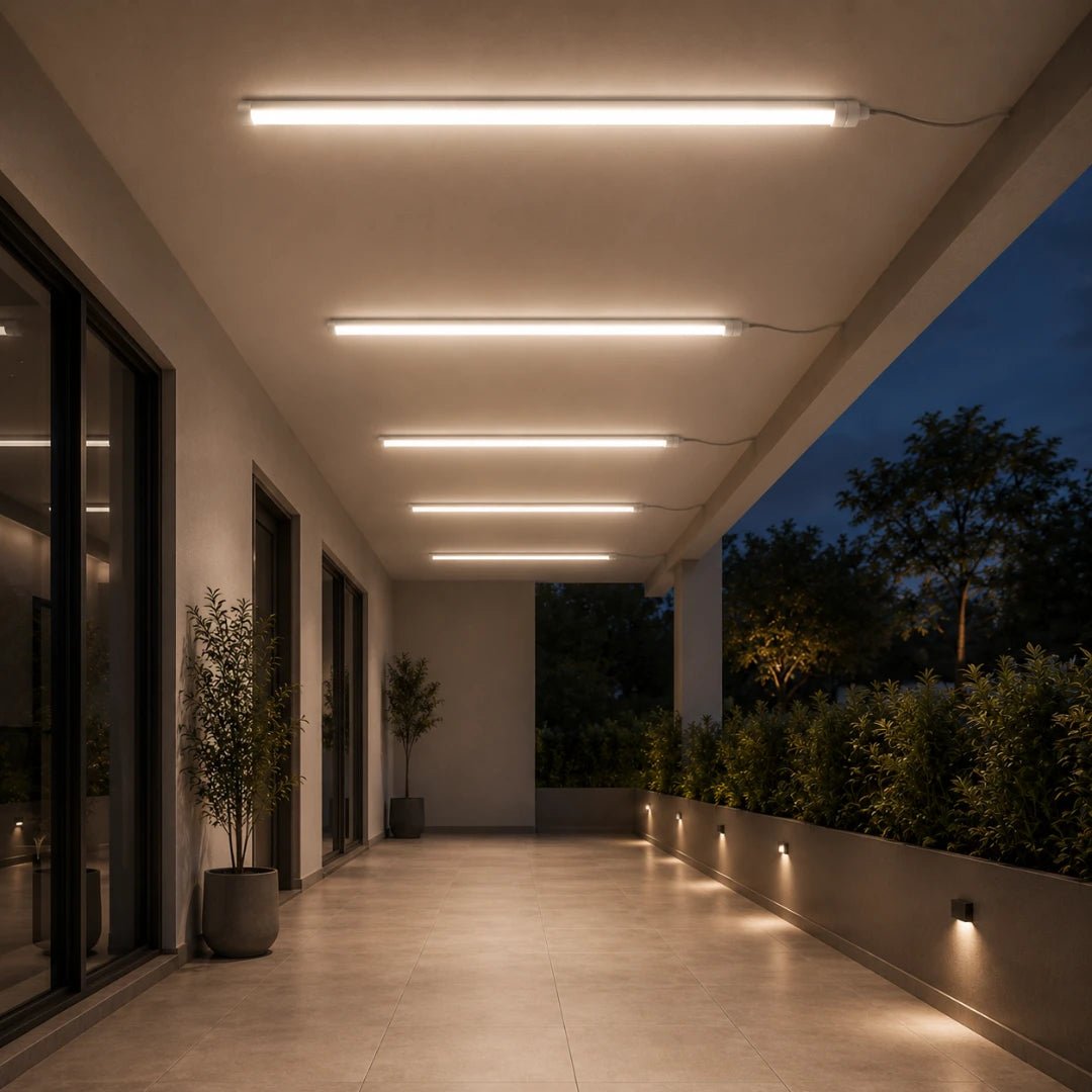Modern outdoor corridor with ceiling lights and plants