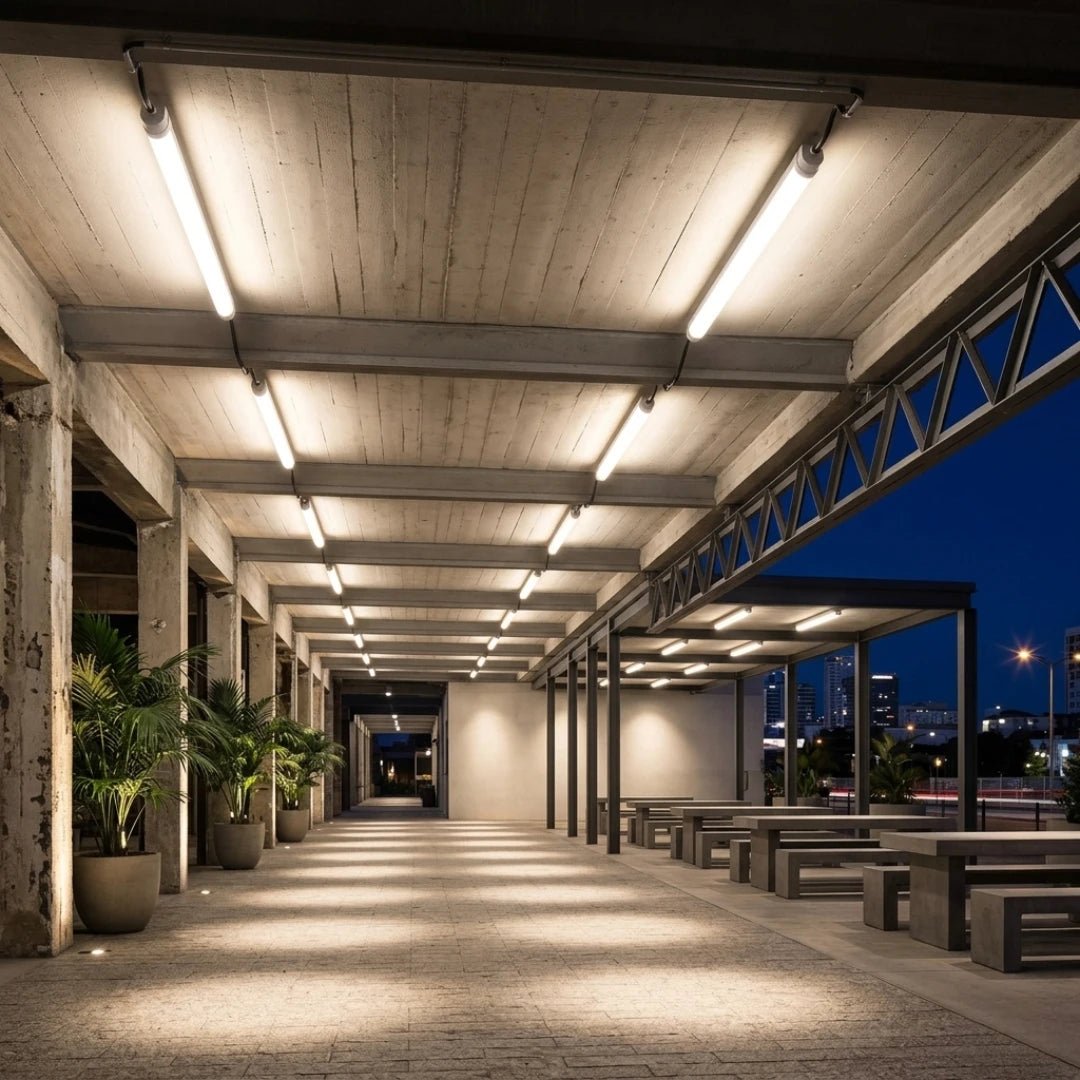 Modern outdoor architectural space with concrete ceiling and seating area at night.