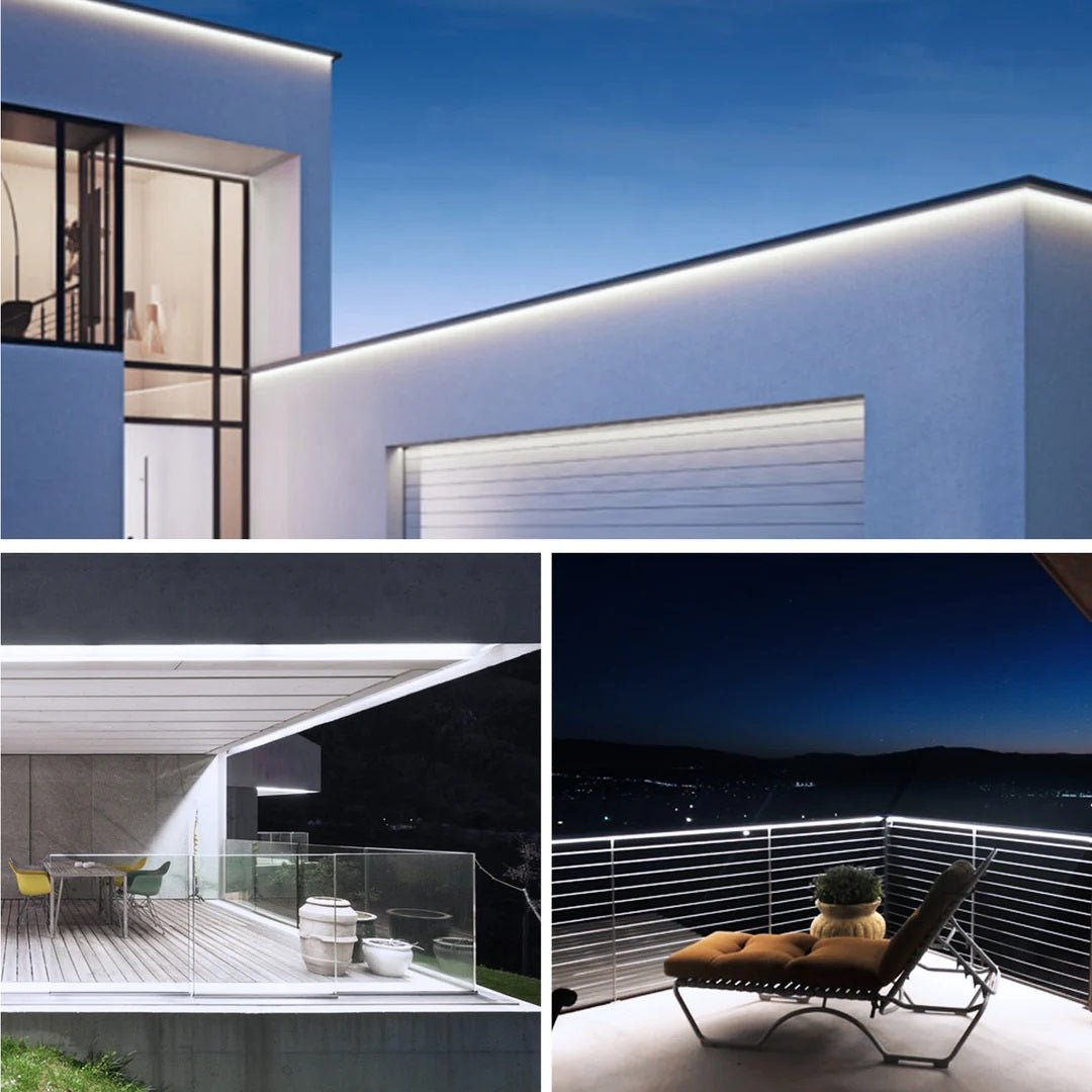 Modern building exterior with night lighting, outdoor deck, and lounge chair.