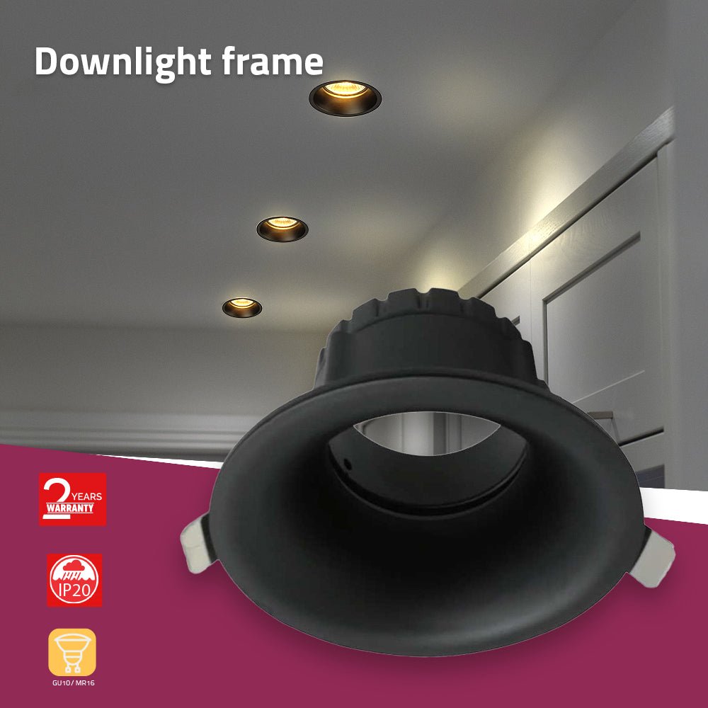 Downlight frame with installed lights on a ceiling, showing a 2-year warranty and IP20 rating.