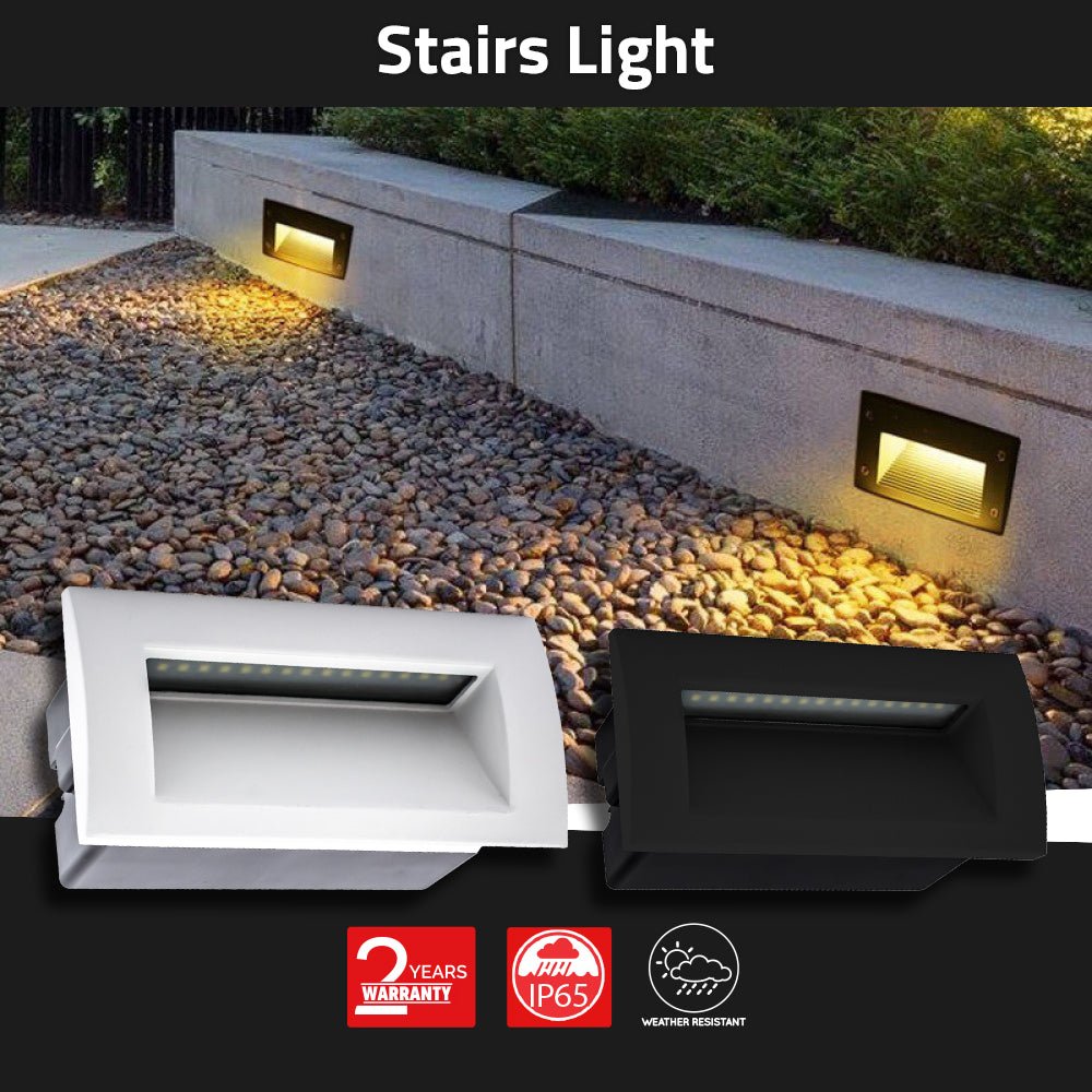 Stairs light fixtures on a stone pathway with 'Stairs Light' text above.