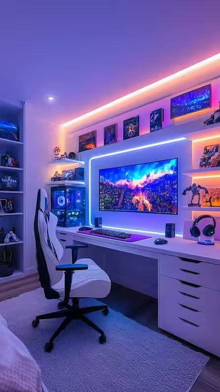 Modern gaming room with a large TV, desk, and shelves with decor.