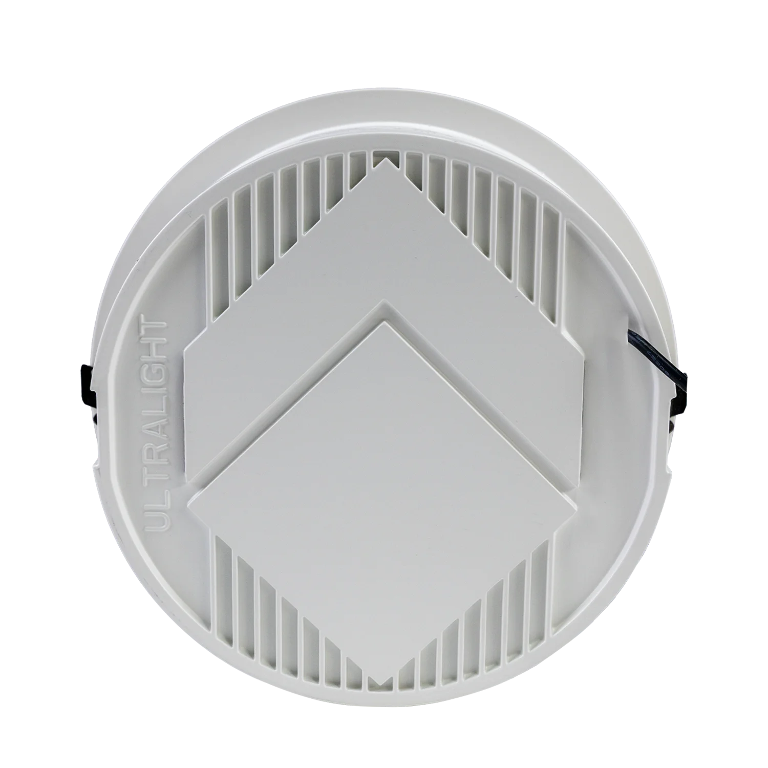 Round white light fixture with visible brand name on a white background