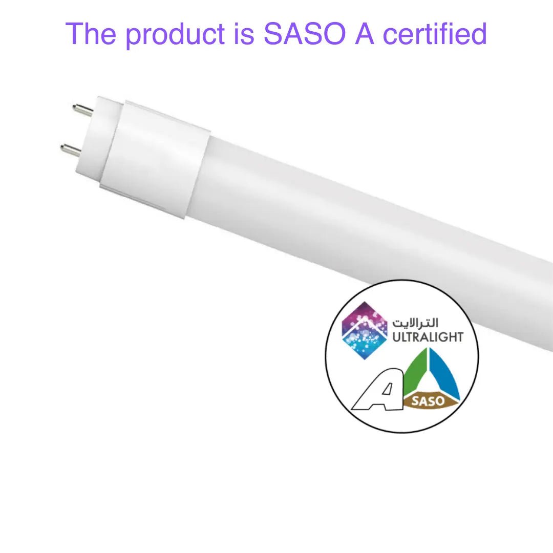 LED tube light with SASO A certification logo on a white background
