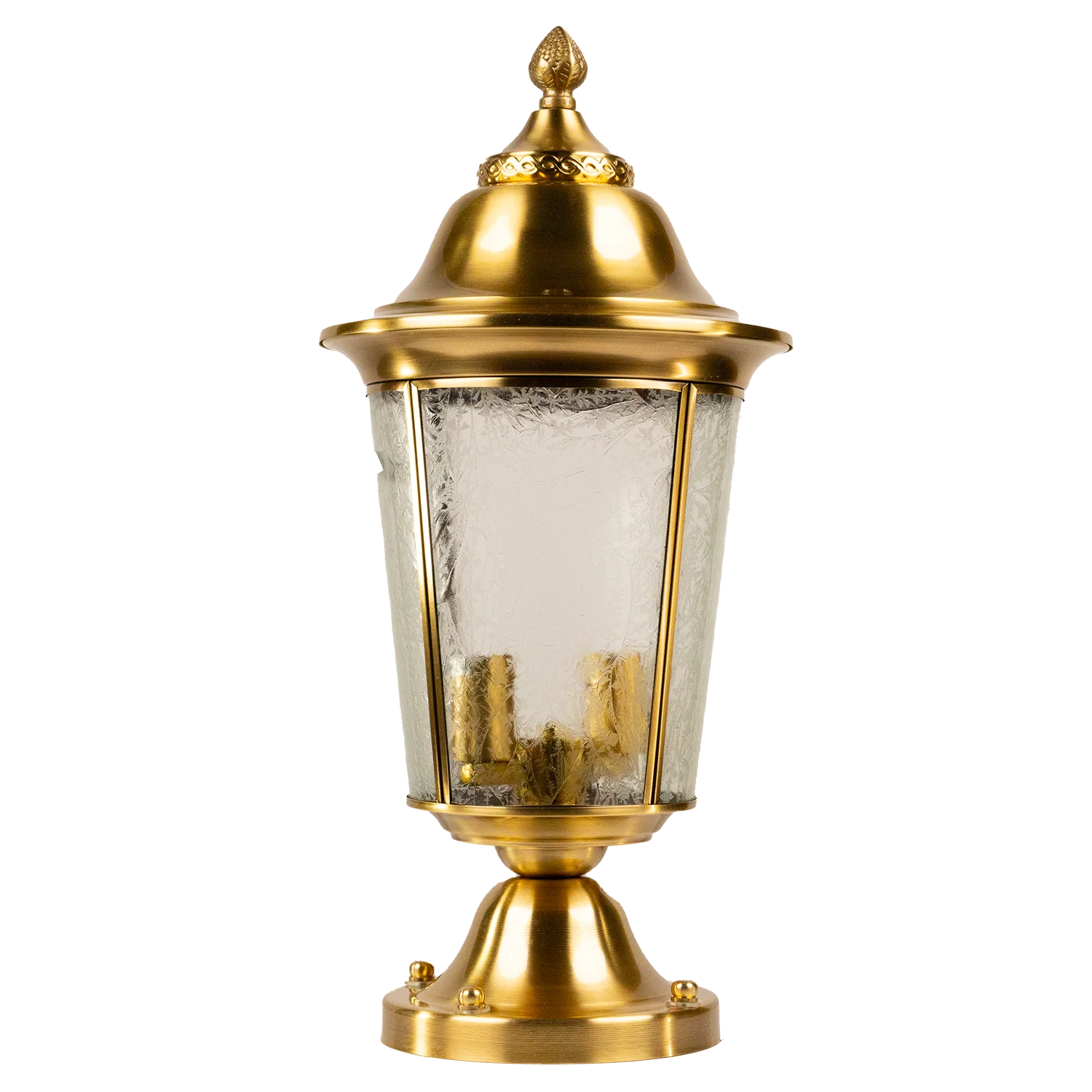 Gold outdoor lantern with clear glass on a white background