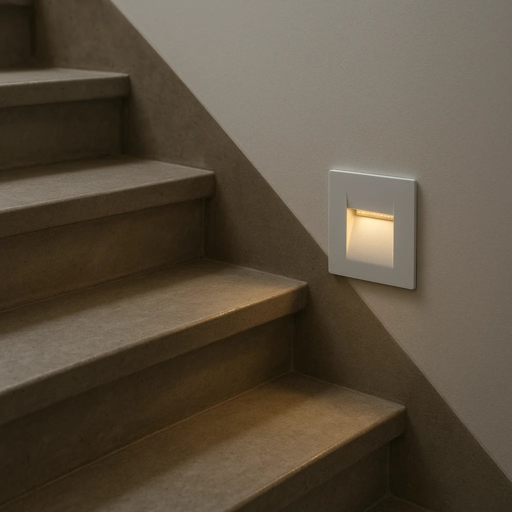 Stairway with a wall-mounted light fixture casting a warm glow.