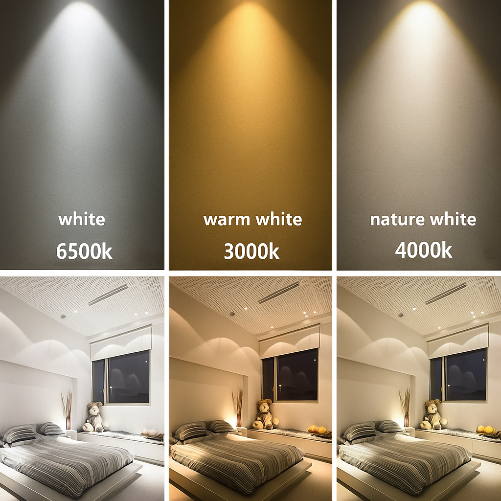 Comparison of LED light color temperatures on a neutral background