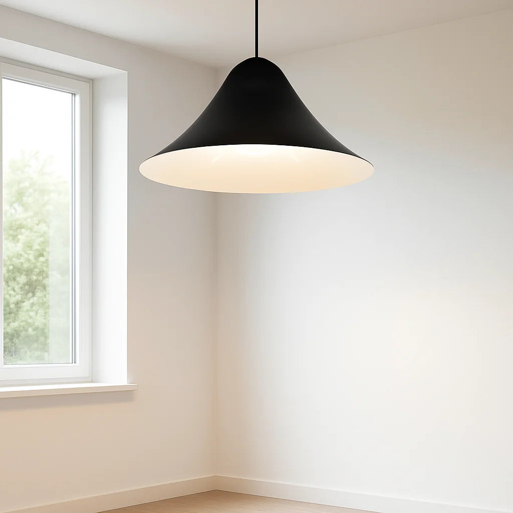 Black pendant light hanging in a room with a window