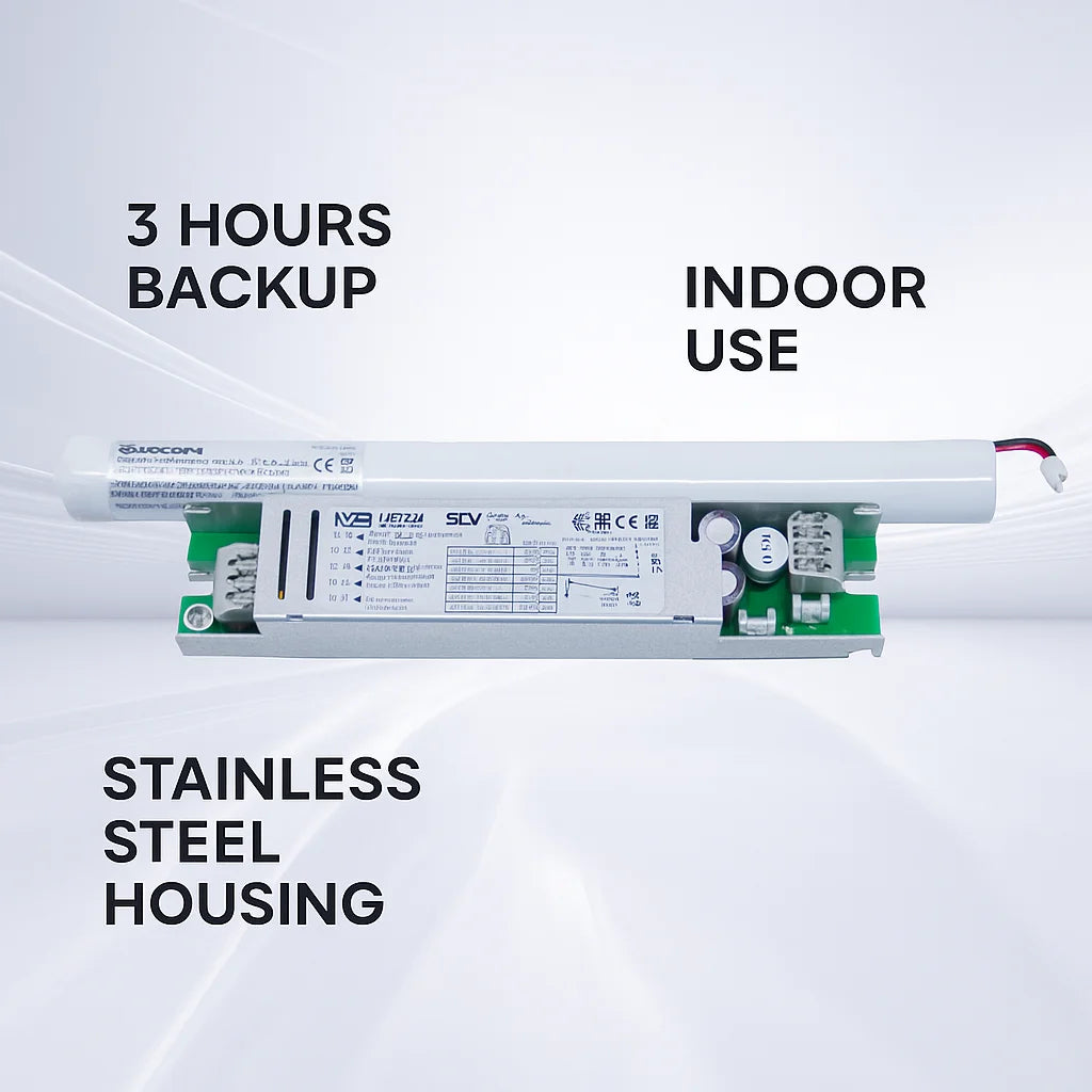 Electrical component with text indicating features like backup time, use conditions, and material on a white background