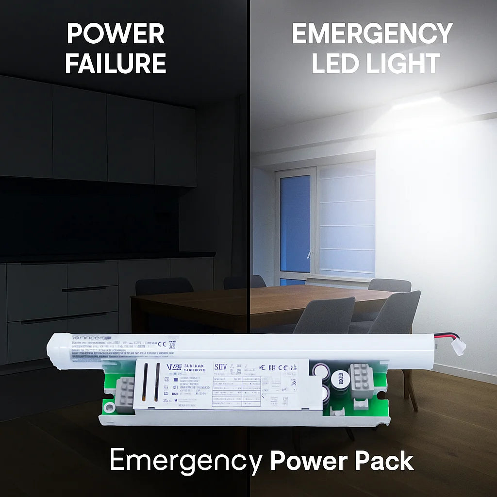 Emergency LED light and power pack with a dark room transitioning to a well-lit room.