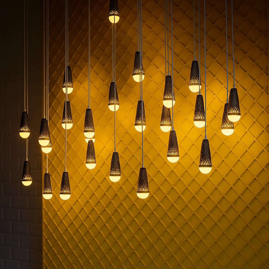 Chandelier with multiple light bulbs hanging against a yellow textured wall.