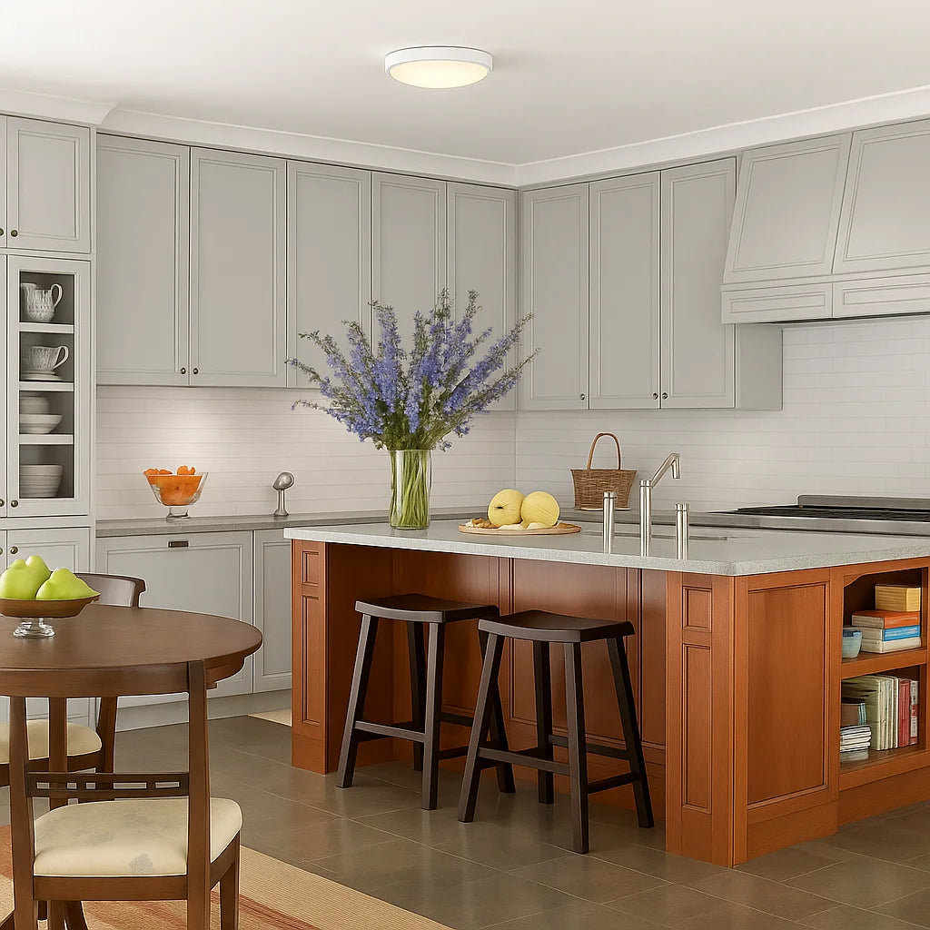 Modern kitchen with wooden island, gray cabinets, and decorative elements.