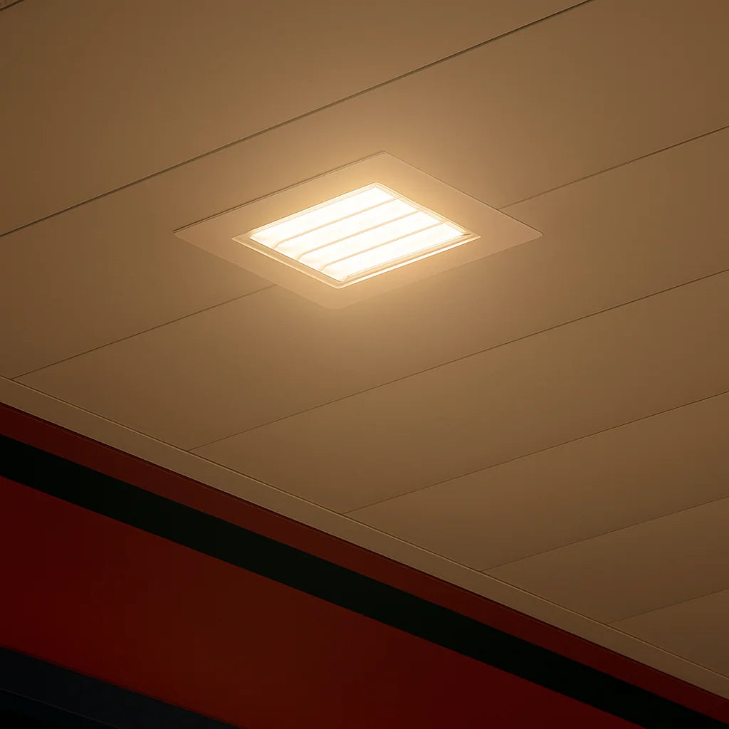 Ceiling light fixture on a tiled ceiling