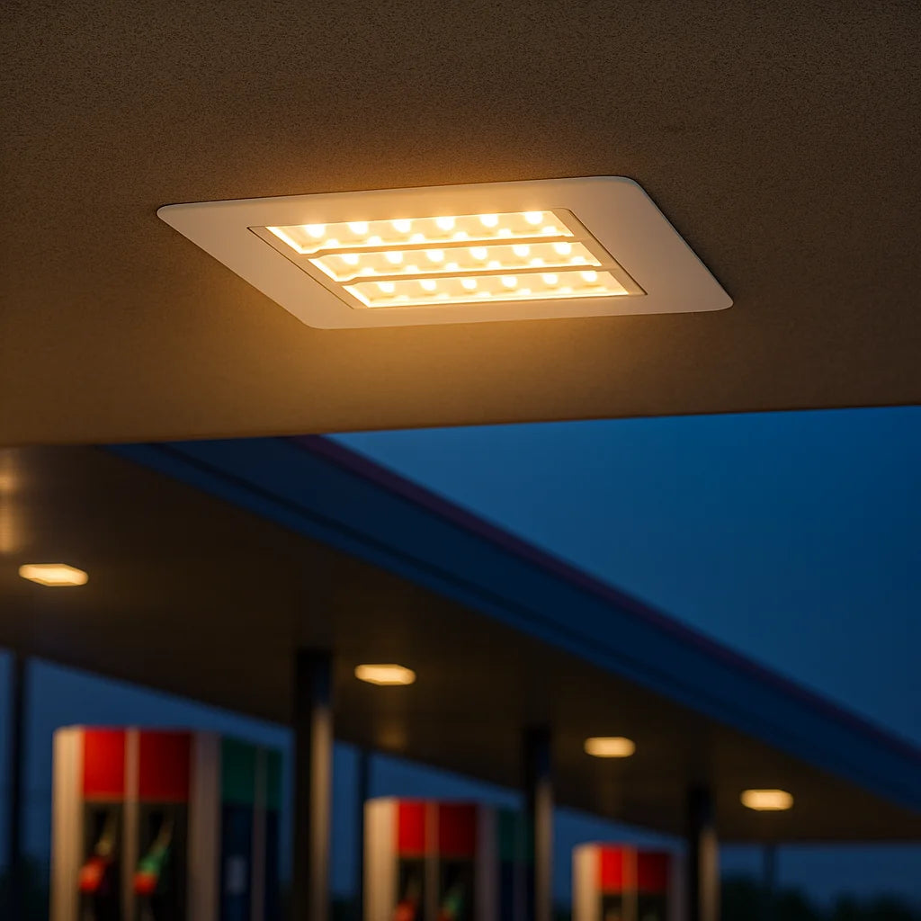 Square recessed light fixture on a ceiling with a blurred gas station background