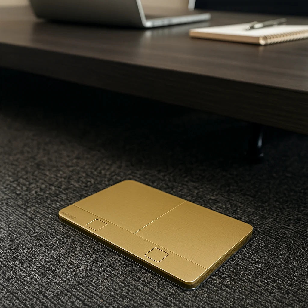 Gold metal card on a dark textured surface with a blurred office desk in the background