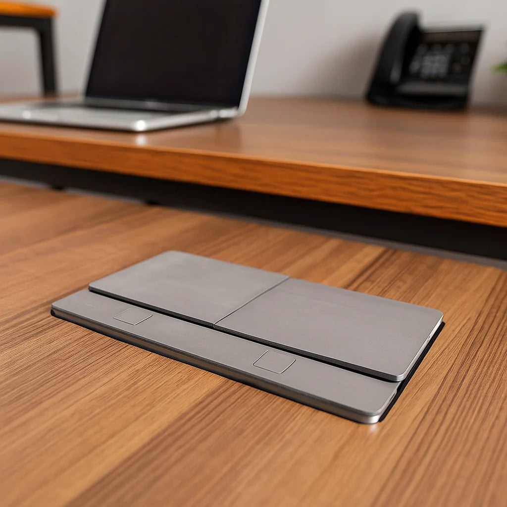 Two gray metal brackets on a wooden surface with a blurred office background.