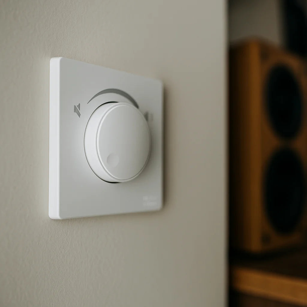 White wall-mounted thermostat on a beige wall with a blurred wooden shelf in the background.