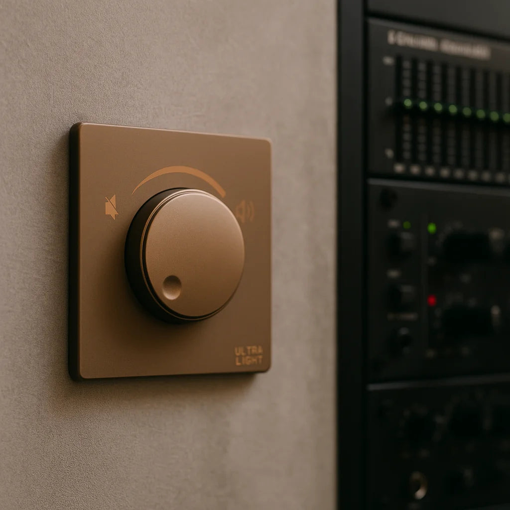 Bronze light switch on a wall with audio equipment in the background