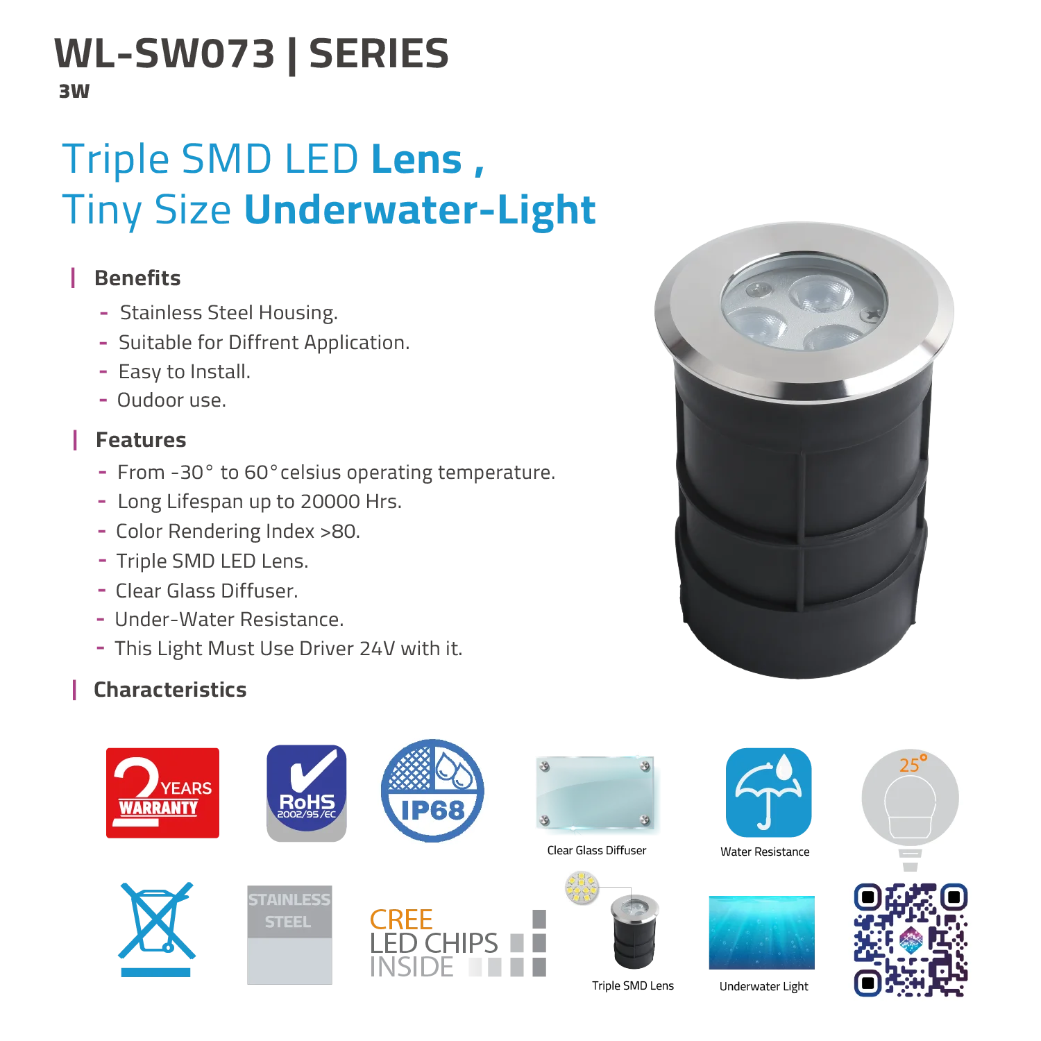 إضاءة ليد ملونة للمسابح 3 واط - إنارة تحت الماء بحماية IP68 ضد الماء (WL-SW073)