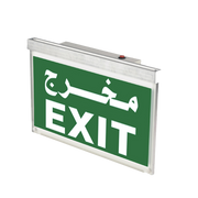 An emergency exit sign light with the word 'EXIT' in bold, white letters on a green background, enclosed in a rectangular metal frame.