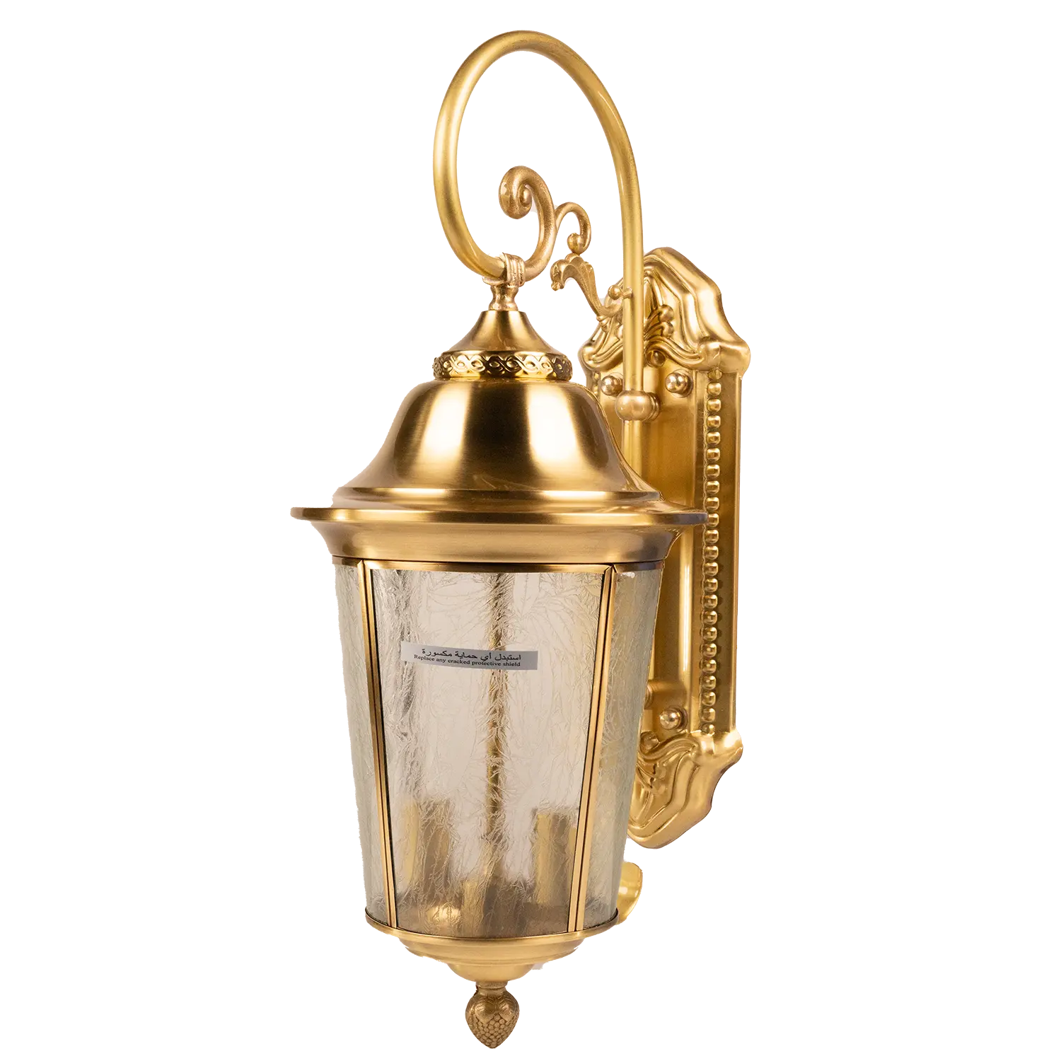 Gold outdoor wall lantern with decorative design on a white background
