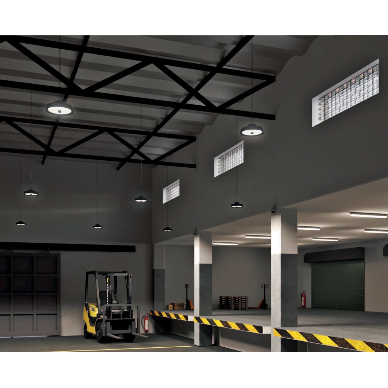 Warehouse interior with a forklift and safety barriers